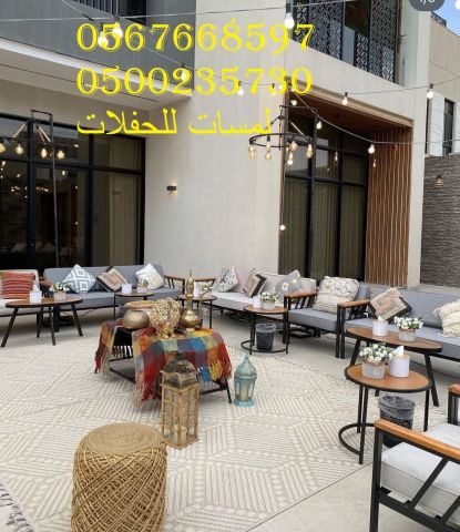 تأجير كنب جلد أبيض ، طاولات طعام مع كراسي ، طاولات كوكتيل 8