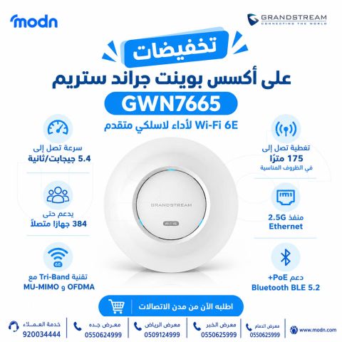 تخفيضات على أكسس بوينت جراند ستريم GWN7665 Wi-Fi 6E   متاح الآن 